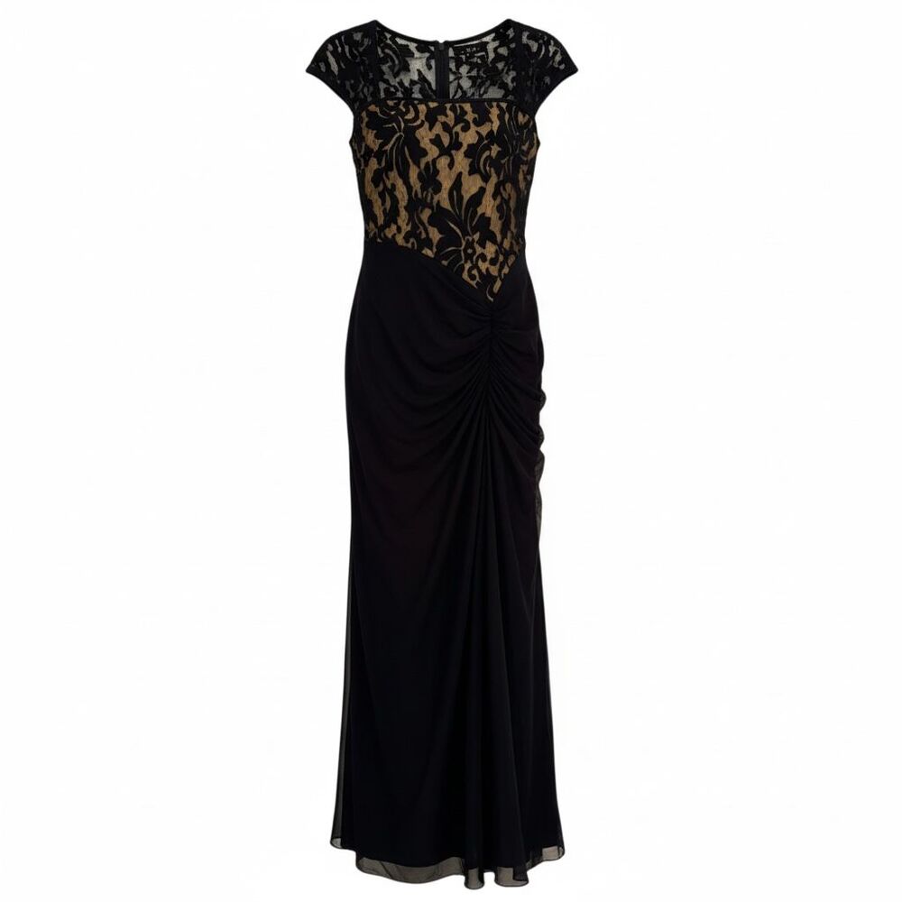 Tadashi Shoji Size 6 Lace Draped Tulle Square Neck Navy Ivory Formal Dress Gown